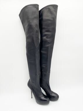 Gucci Black Leather Platform Thigh High Partial Zip Heeled Boots EU 38.5